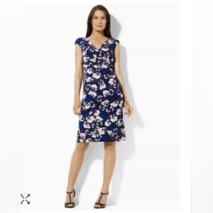 LAUREN RALPH LAUREN | Navy Abstract Floral‎ Faux Wrap Cap Sleeve Midi Dress | 14